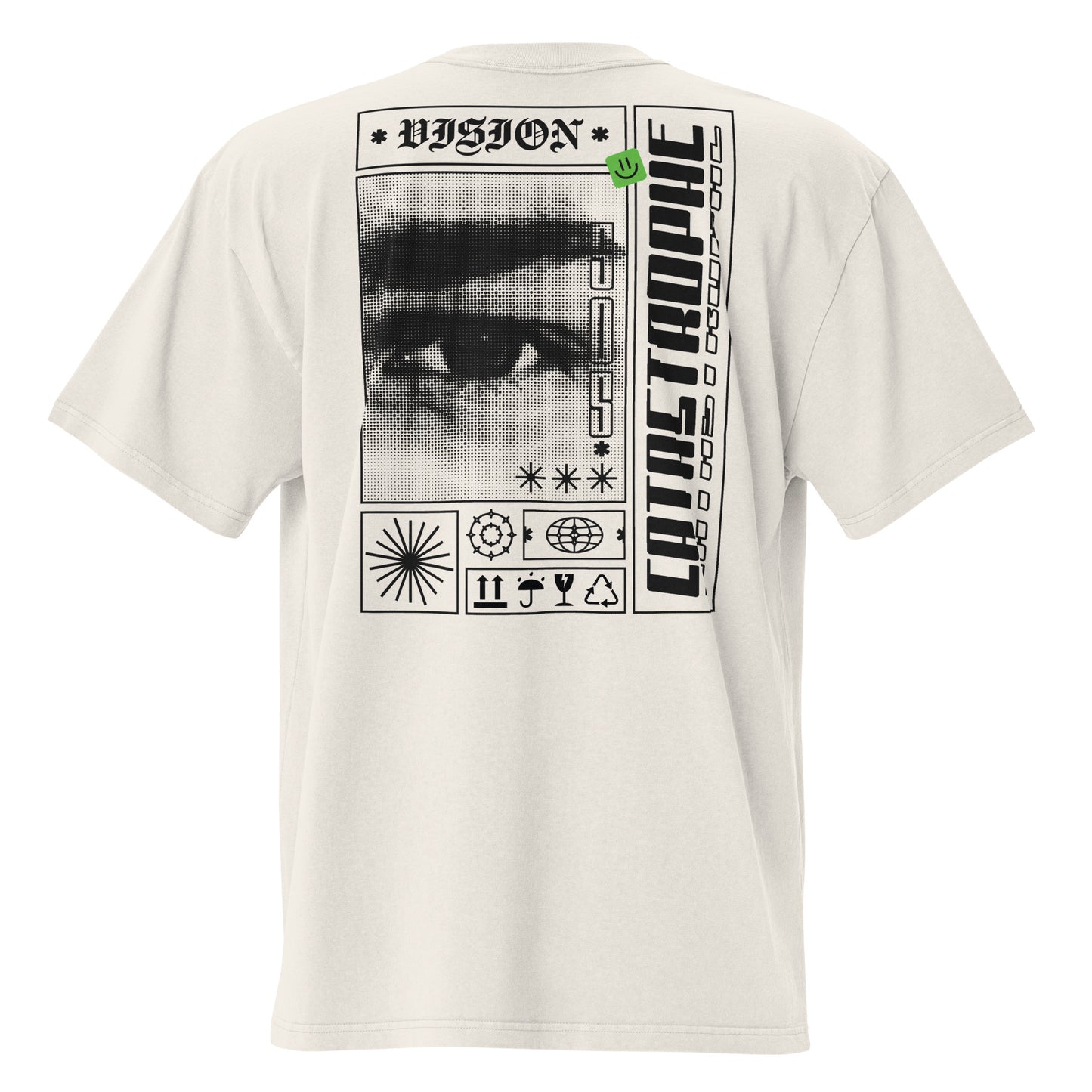 T-shirt oversize délavé Vision Catastrophic ivoire délavé dos - imprimé Vision et œil halftone