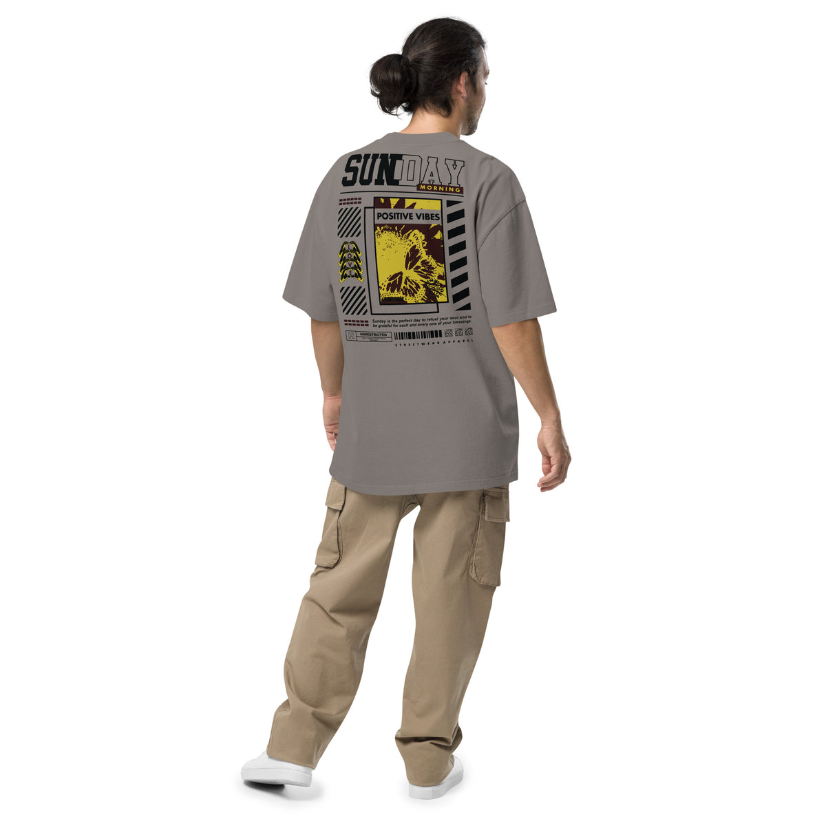 T-shirt oversize Sunday Morning Gris Délavé dos - grand imprimé Sunday Morning Positive Vibes