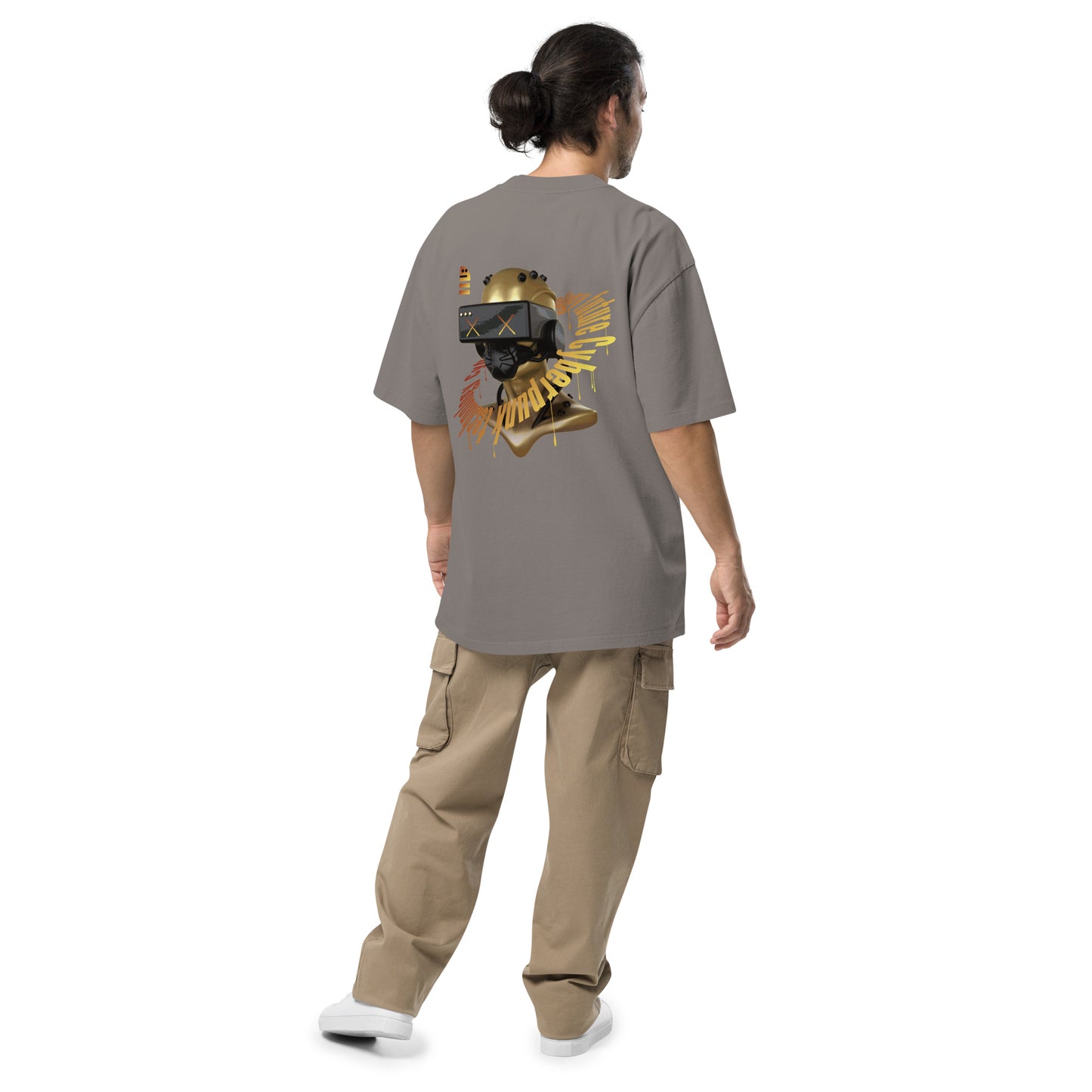 T-shirt oversize délavé Robot Wifi gris délavé dos - grand robot doré aux lunettes VR