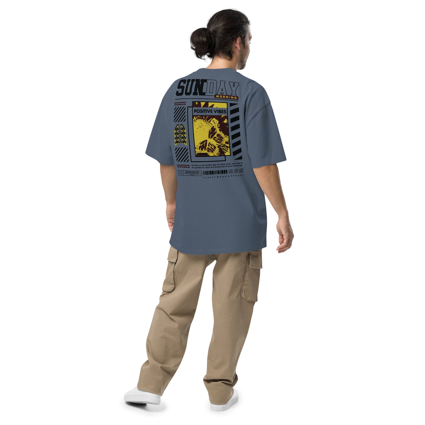 T-shirt oversize Sunday Morning Indigo Délavé dos - grand imprimé Sunday Morning Positive Vibes