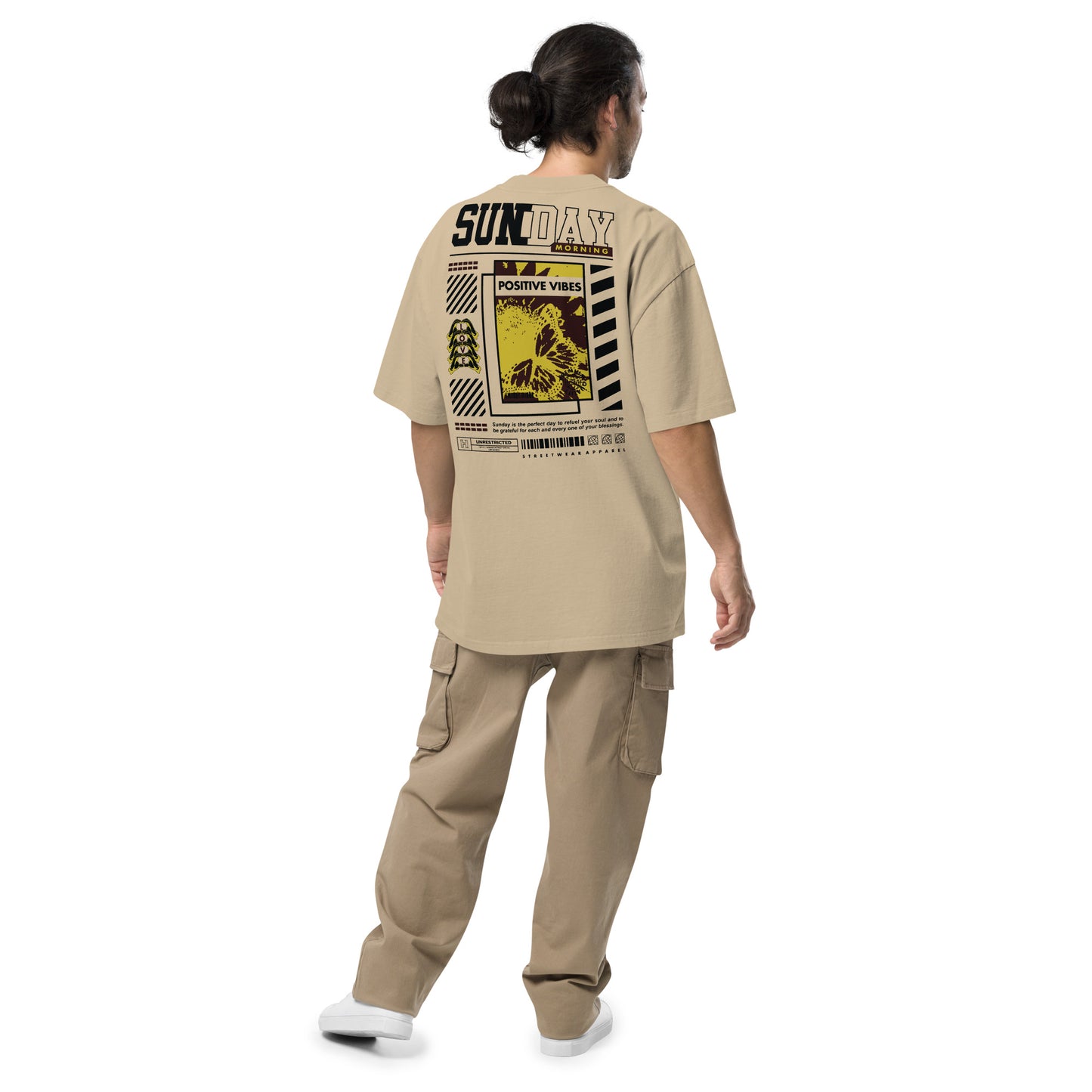 T-shirt oversize Sunday Morning Kaki Délavé dos - grand imprimé Sunday Morning Positive Vibes
