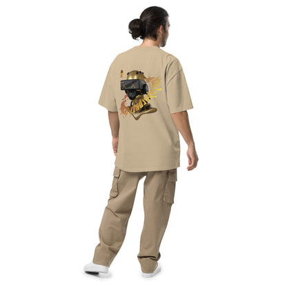 T-shirt oversize délavé Robot Wifi kaki délavé dos - grand robot doré aux lunettes VR