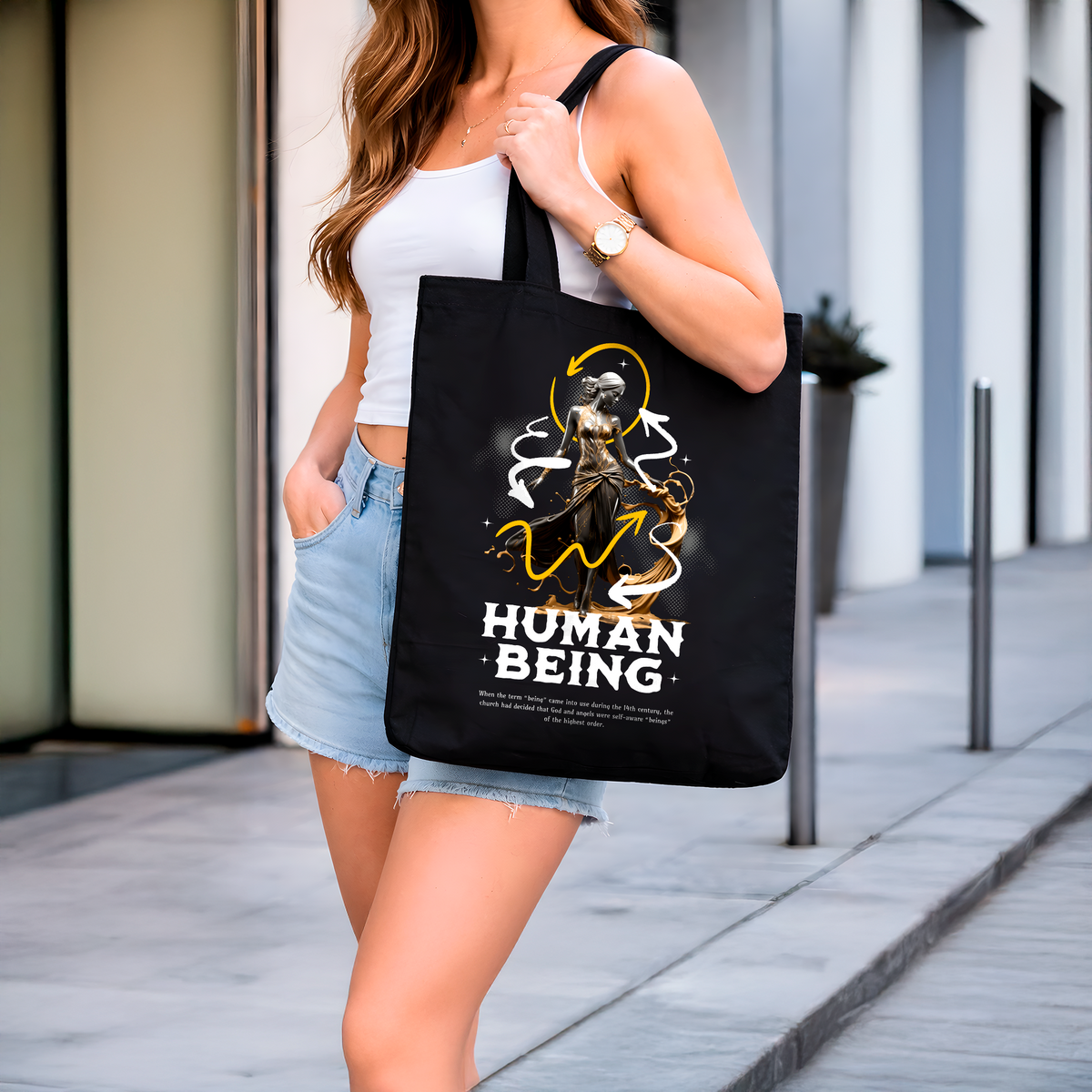 Sac tote noir « Human Being » – Art symbolique doré en coton épais