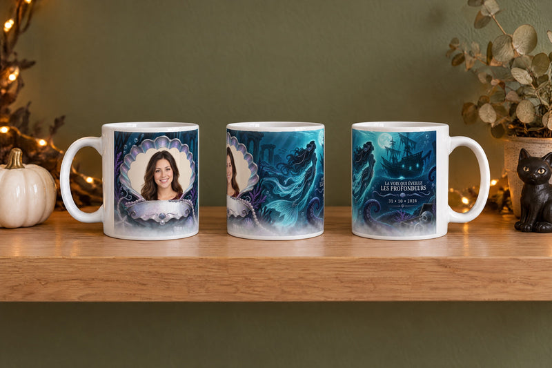 Tasse personnalisée Halloween La voix qui éveille les profondeurs - trois vues : médaillon photo, sirène et navire fantôme