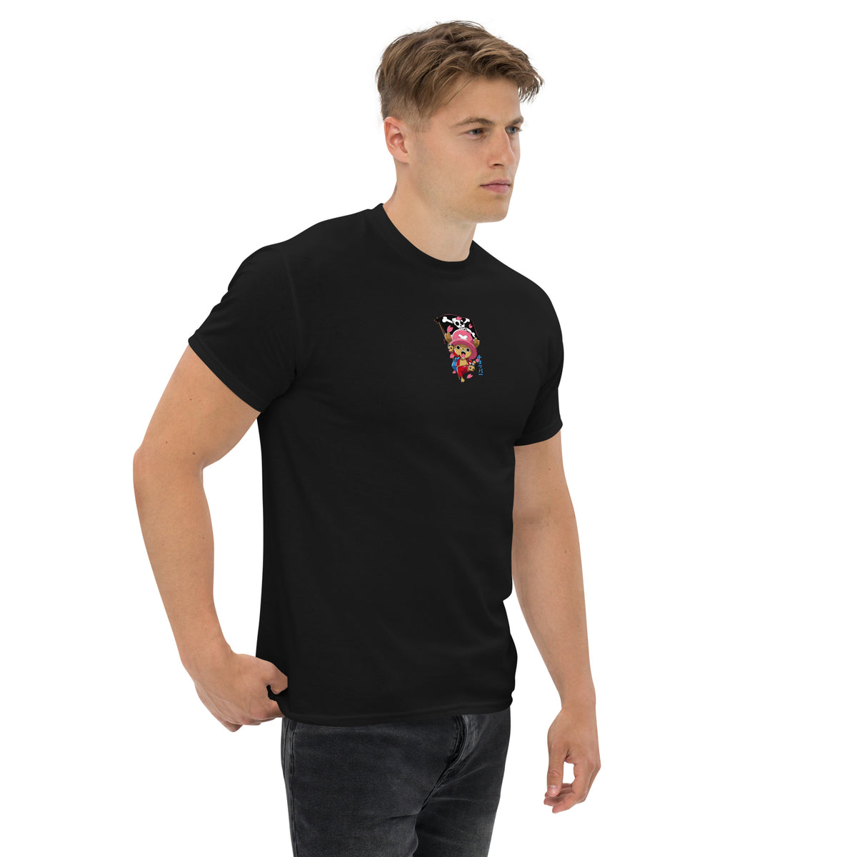 T-shirt manga streetwear noir trois-quarts droit - motif manga à la poitrine