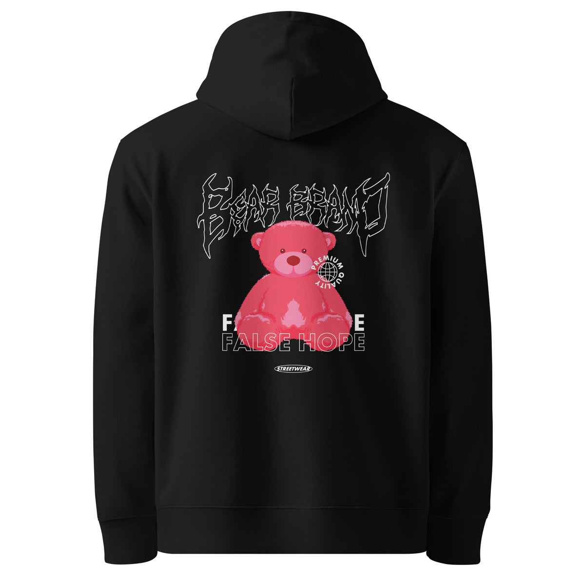 Sweat à capuche Bear Gang noir dos - grand imprimé gothique ourson rose et texte False Hope
