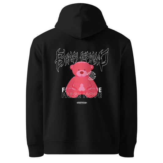 Sweat à capuche Bear Gang noir dos - grand imprimé gothique ourson rose et texte False Hope
