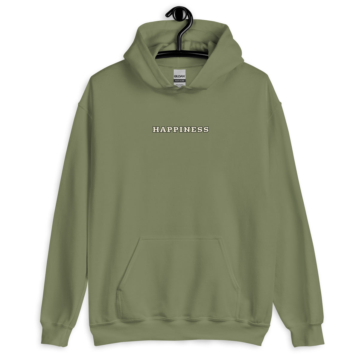 Sweat à capuche Happiness Worldwide vert militaire face - broderie