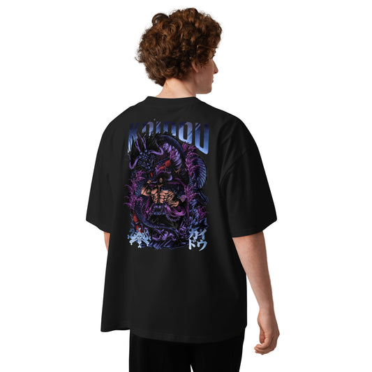 T-shirt oversize col montant Kaidou Noir dos - grand imprimé Kaidou avec dragon et guerrier au dos
