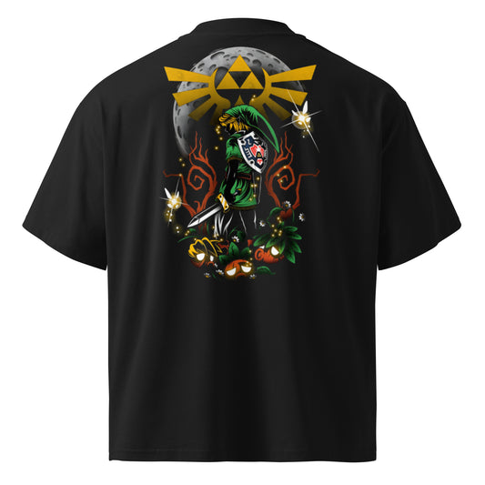 T-shirt oversize col montant gaming Noir dos - grand imprimé fantasy héros et épée
