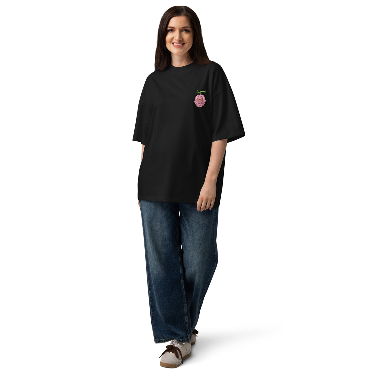 T-shirt oversize col montant Gigante Fleur Noir tenue complète - coupe oversize portée de face