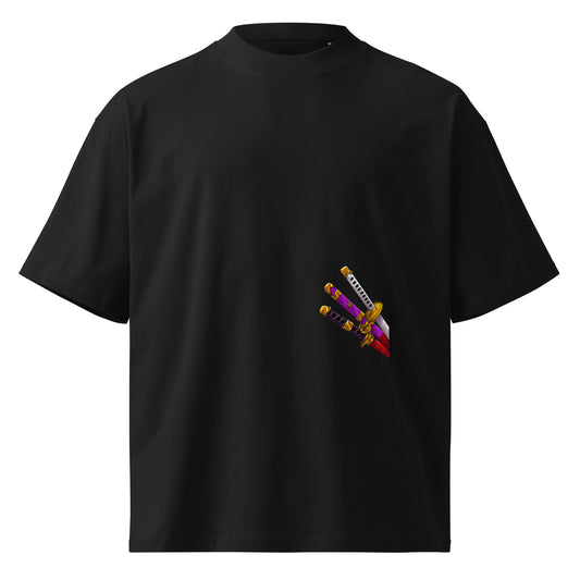 T-shirt col montant guerrier manga noir face - petit détail coloré à la poitrine