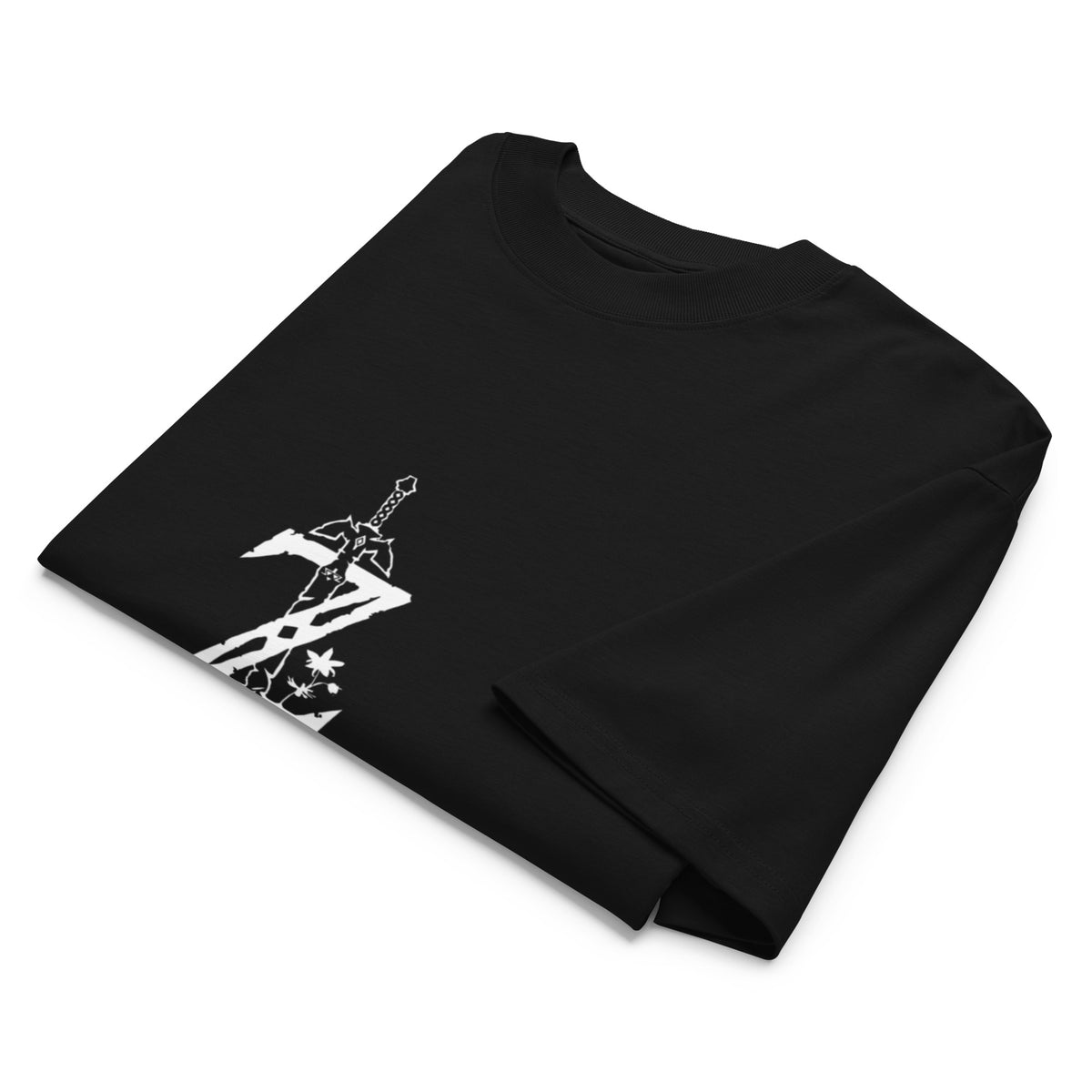 T-shirt oversize col montant gaming Noir plié - gros plan emblème épée à la poitrine