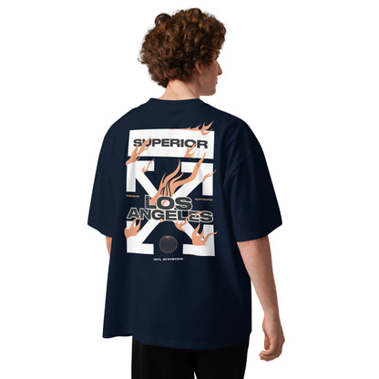 T-shirt oversize Los Angeles Superior Bleu Marine dos - grand imprimé graphique Superior X Los Angeles avec flammes