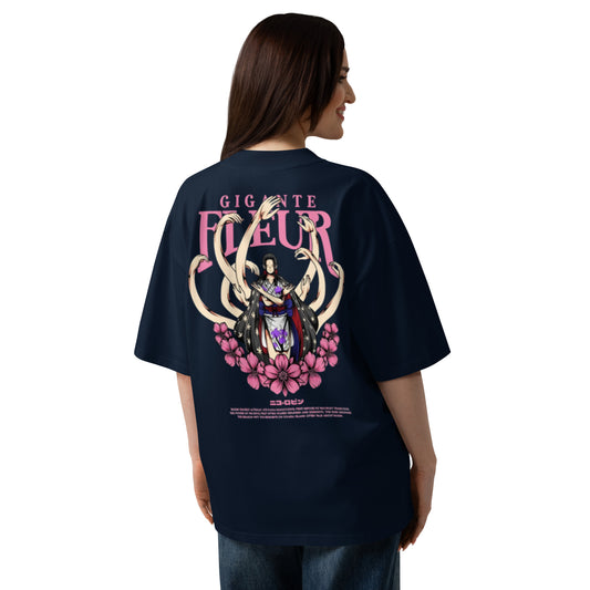 T-shirt oversize col montant Gigante Fleur Bleu Marine dos - grand imprimé japonais fleurs de cerisier au dos