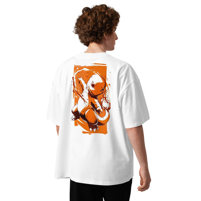 T-shirt oversize col montant Dragon de Feu blanc vue de dos - grand imprimé orange dragon de feu style anime