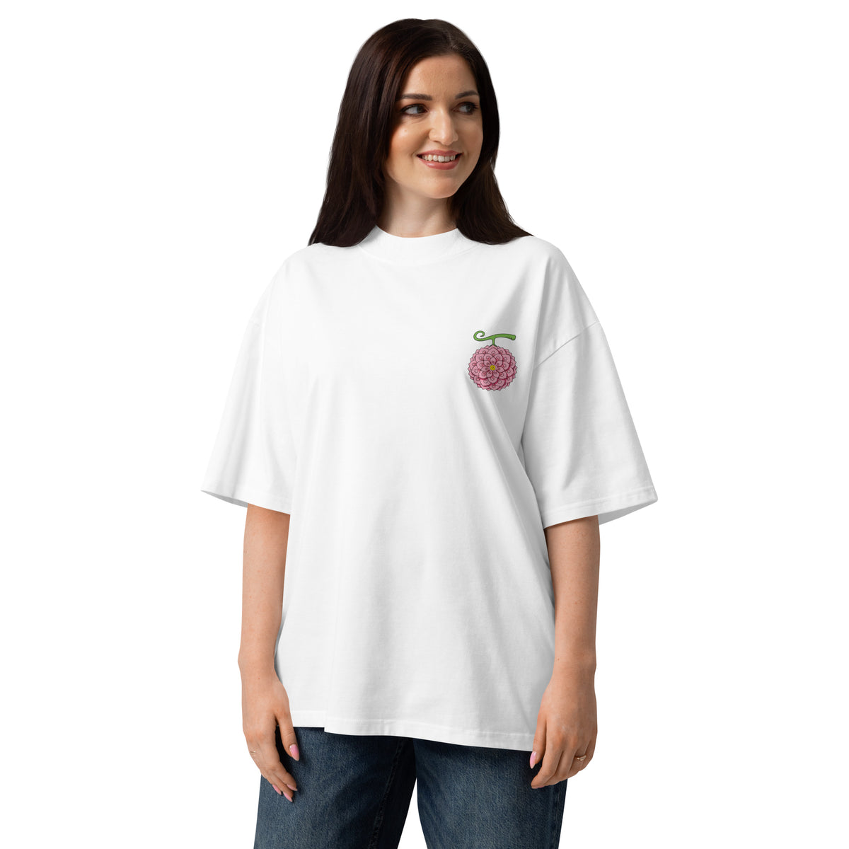 T-shirt oversize col montant Gigante Fleur Blanc face - fleur brodée rose à la poitrine