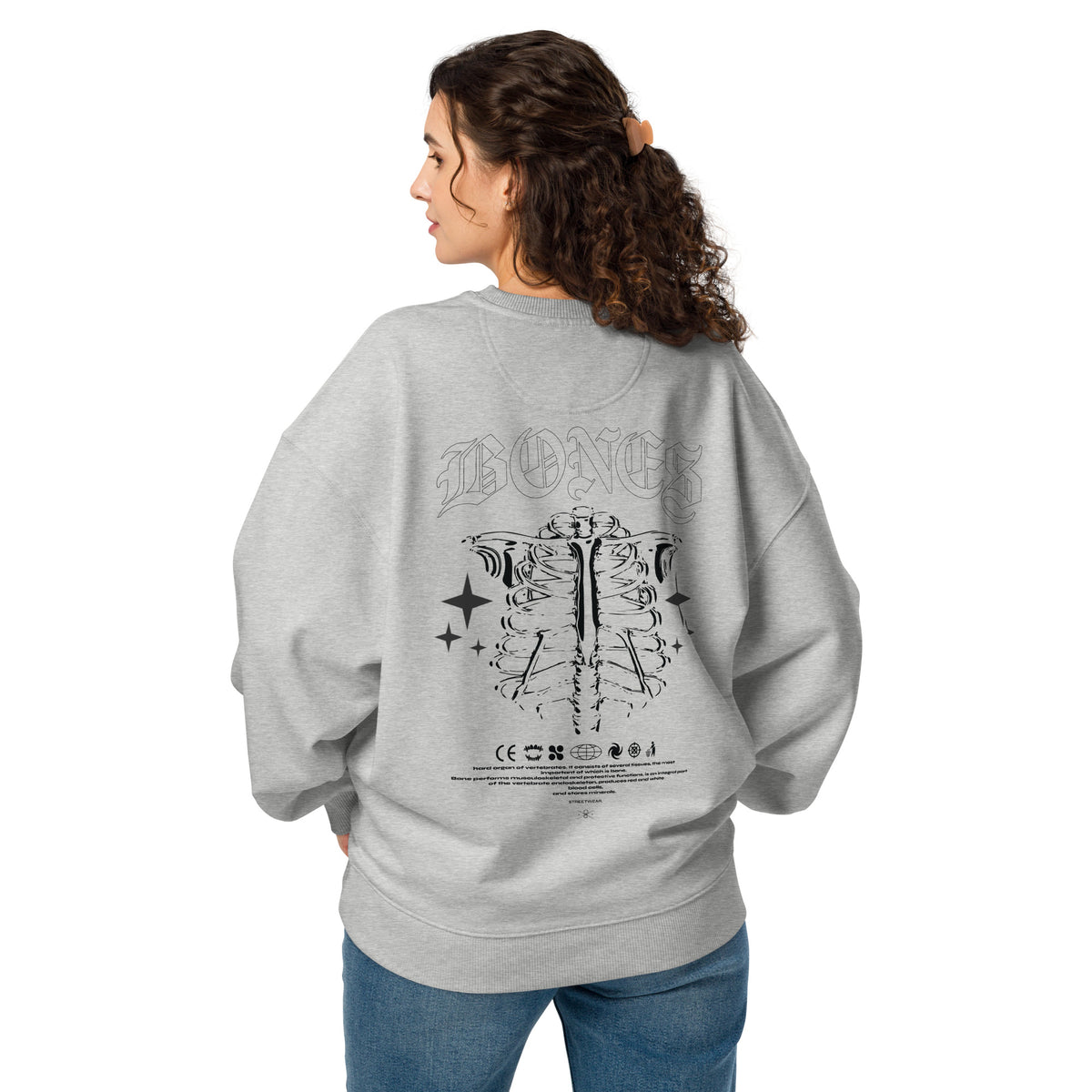 Sweat oversize Bones Gris Chiné dos porté - grand imprimé cage thoracique gothique