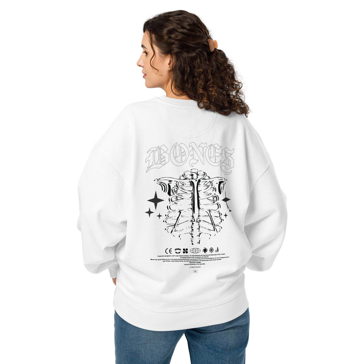 Sweat oversize Bones Blanc dos porté - grand imprimé cage thoracique gothique