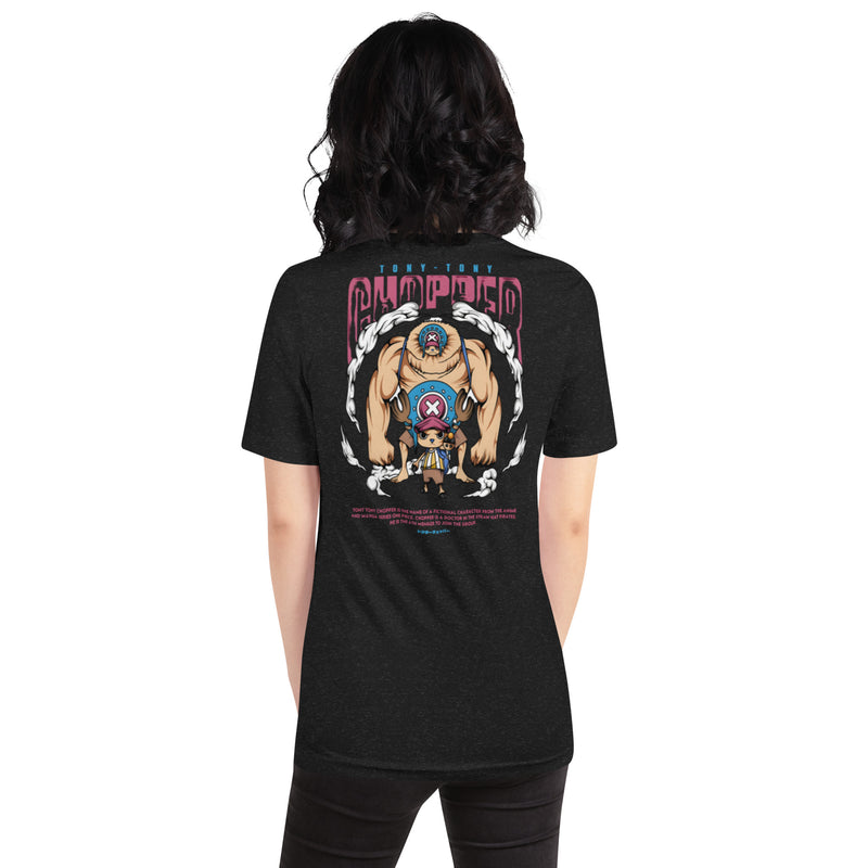 T-shirt noir chiné anime chibi pirate femme dos - grand imprimé du personnage au dos