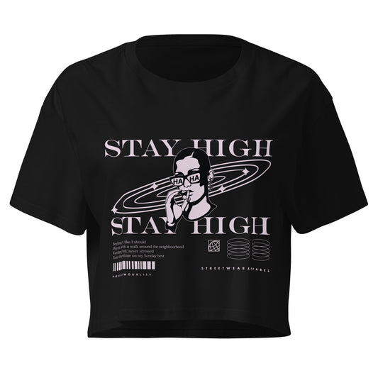 Crop top femme Stay High noir - illustration streetwear et texte Stay High à la poitrine