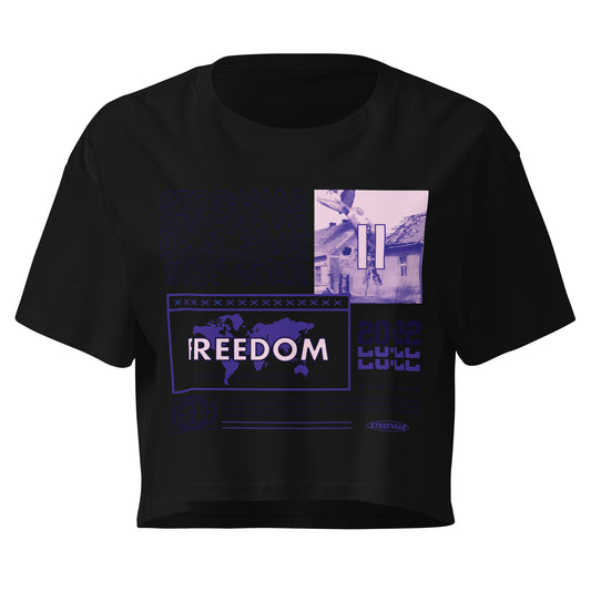 Crop top femme Freedom noir - collage urbain carte du monde et code-barres à la poitrine