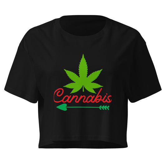 Crop top femme Cannabis noir - feuille de cannabis et texte Cannabis à la poitrine