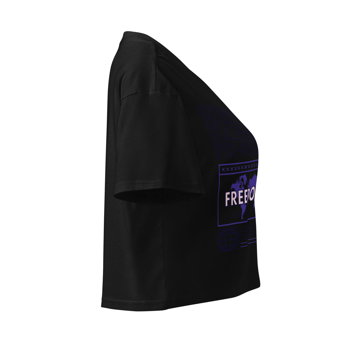 Crop top femme Freedom noir, vue de profil avec détail de l'imprimé