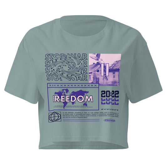 Crop top femme Freedom minéral - collage urbain carte du monde et code-barres à la poitrine