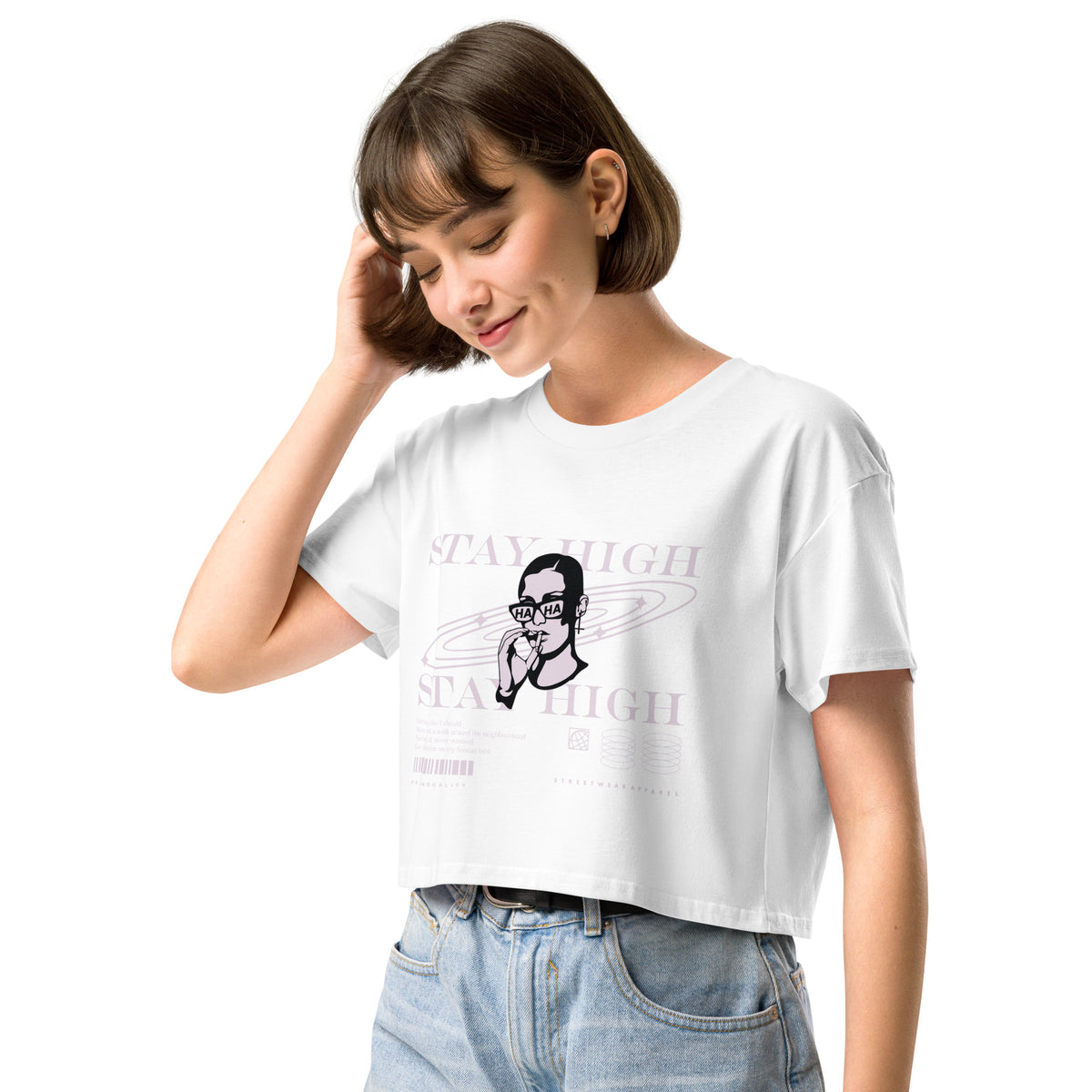 Crop top femme Stay High blanc, gros plan sur l'imprimé illustration et texte