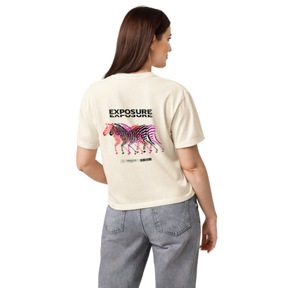 T-shirt boxy Exposure Ivoire dos porté - grand imprimé zèbres dégradé rose et noir