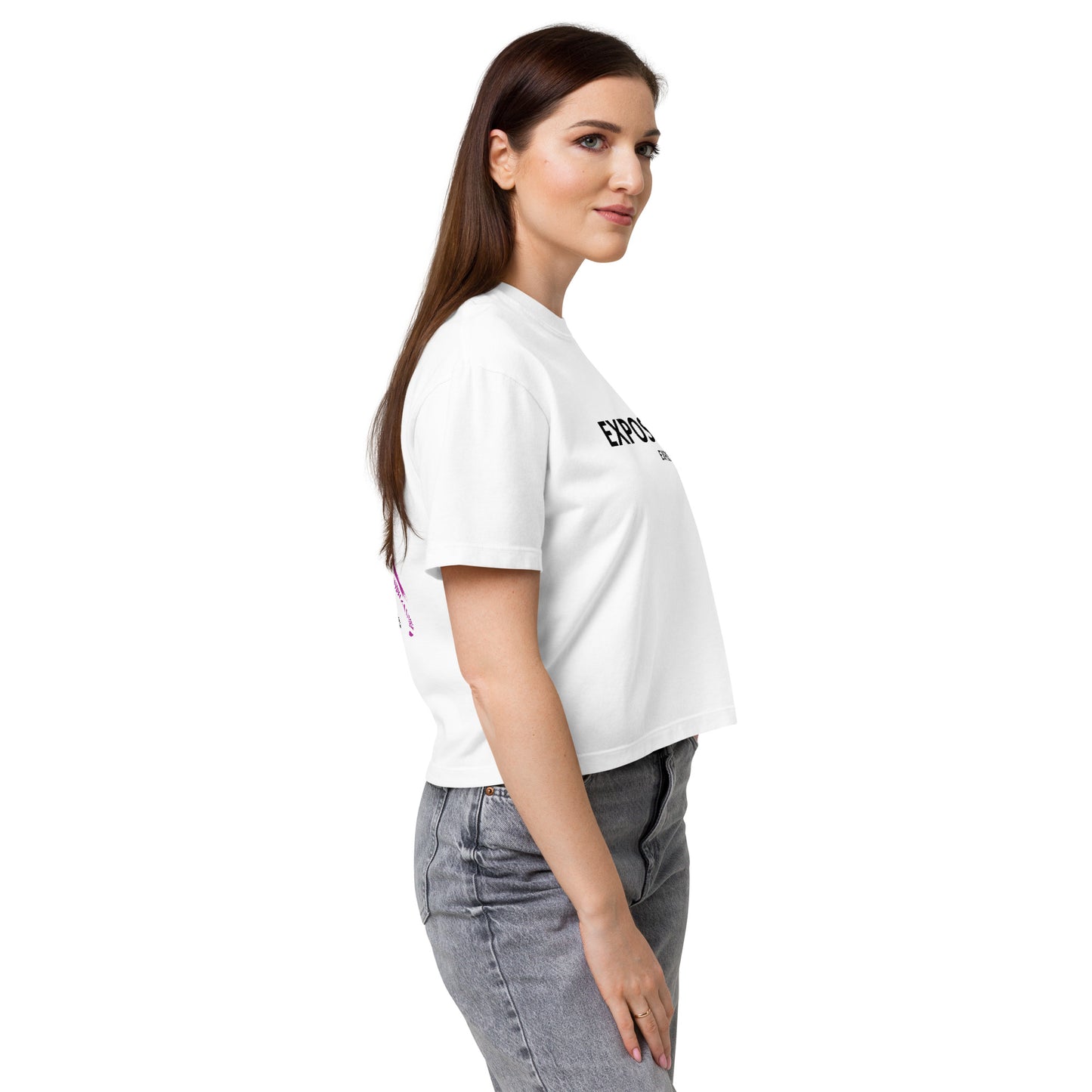 T-shirt boxy Exposure Blanc profil - imprimé zèbres dégradé rose et logo Exposure